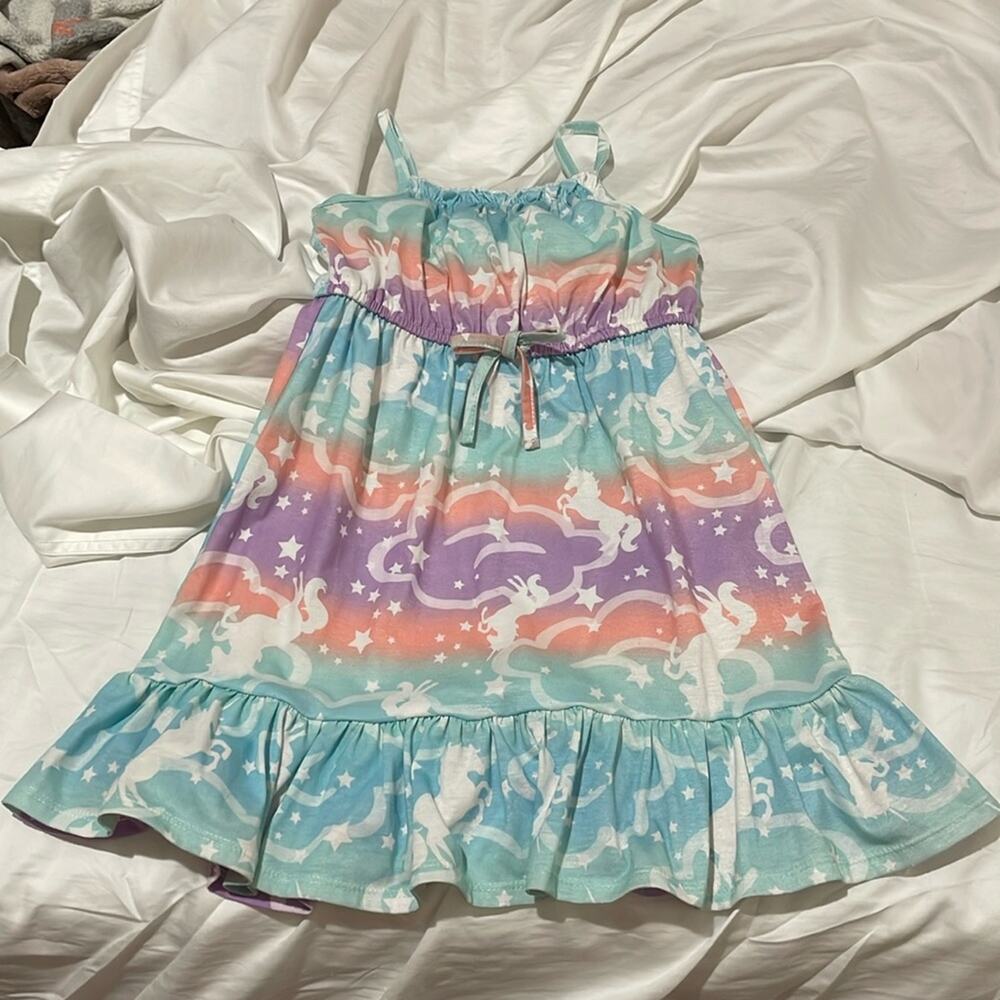 Pink Violet 6/6x teal purple Unicorn tank dress ruffled hem polyester euc